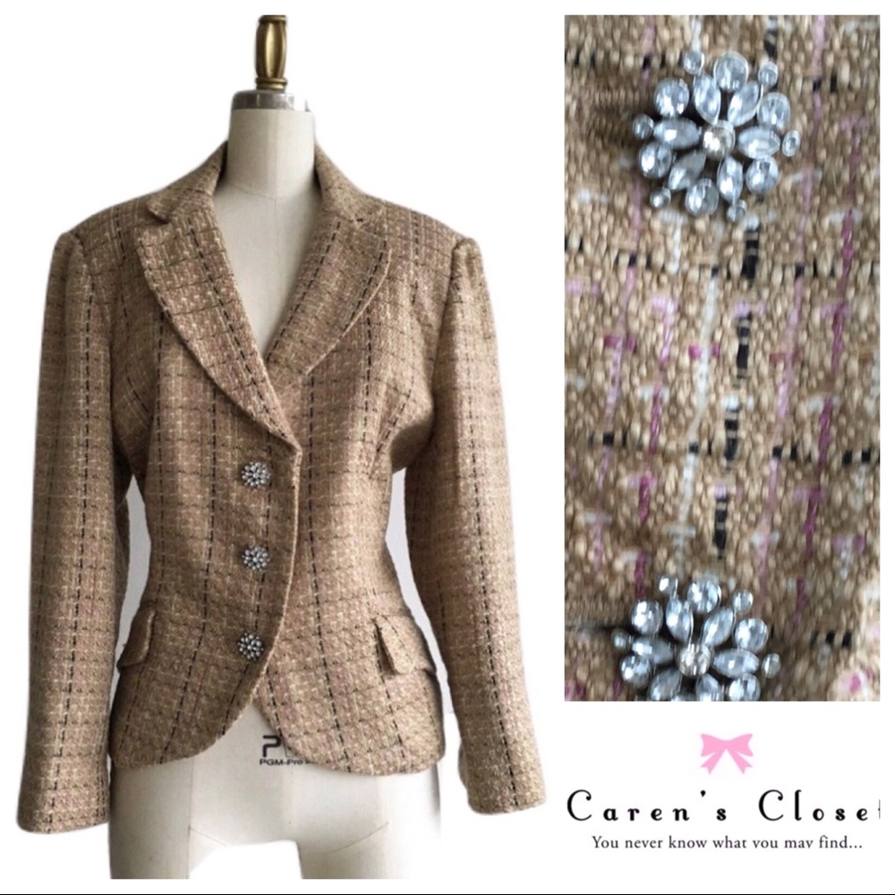 Woven Tan & Pink Rhinestone Button Blazer